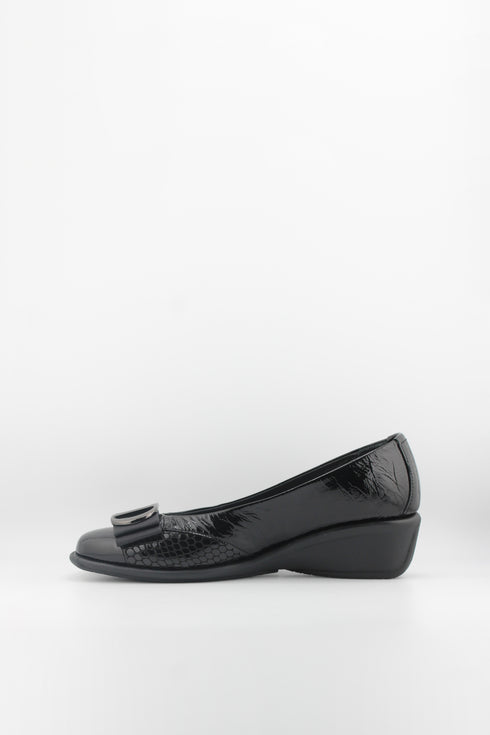 DFC Relax Buckled Patent Leather Comfort Wedge with Chain Detail